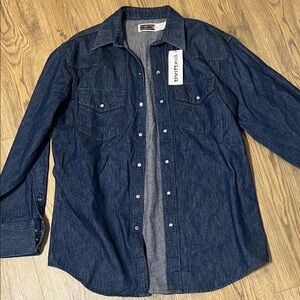Thrifted Men's Blue Denim Casual Button Down Shirt